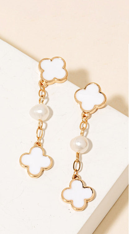 Mya Clover & Fresh Water Pearl Chain Earrings - White