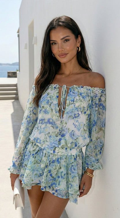 Cyrene Floral Off-Shoulder Mini Dress - Floral Green