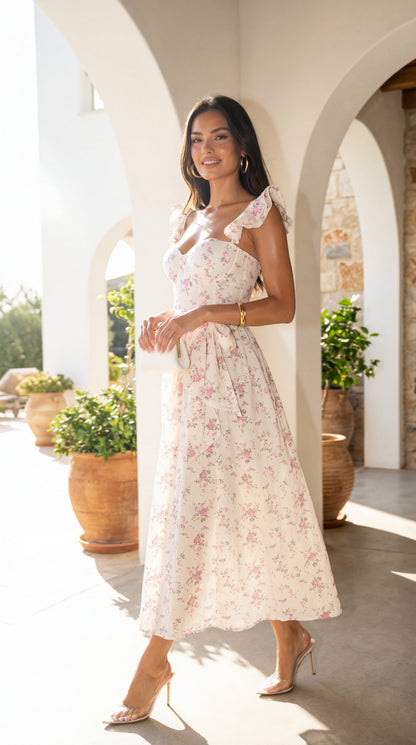 Florienne Floral Corset Flutter Midi Dress - Ivory